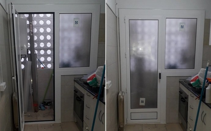 Antes y después de la sustitución de puerta y fijo de carpintería de madera por aluminio blanco con cristal Climalit New Carglas.